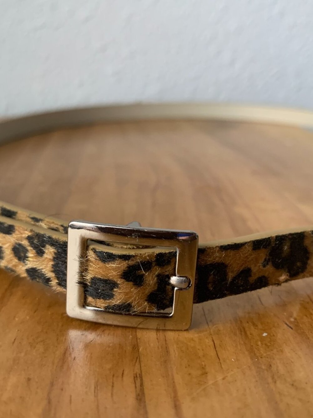 Skinny Leopard Print Calf Hair Belt Silver Square Buckle Size S/M
